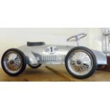 CHILDS RACING CAR. Childs silver ride on racing car