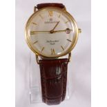 9CT SOVEREIGN WRISTWATCH. Gents 9ct gold Sovereign wristwatch with silver dial and leather strap