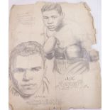 JOHN HOGAN DRAWING. John Hogan pencil drawing of Joe Louis and Max Schmelling, 30 x 36cm