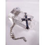 9CT CROSS AND NECKLACE. 9ct white gold sapphire and diamond cross on 9ct white gold curb necklace