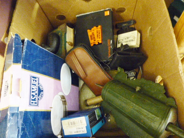 MIXED COLLECTABLES. Box of mixed collectables including mobile phones and vintage weights