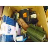 MIXED COLLECTABLES. Box of mixed collectables including mobile phones and vintage weights