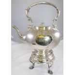 SPIRIT KETTLE. Walker & Hall silver plated spirit kettle with burner H ~40cm (on stand)