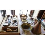 SILVER PLATED ITEMS. Tray of assorted silver plated items and a copper decanter funnel