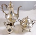 FRENCH SILVER COFFEE SET. French continental silver three piece coffee set with Minerva mark, 1230g