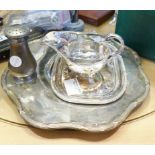 ASSORTED ITEMS. Silver plated sauce boat with matching tray plus further tray and pewter sugar