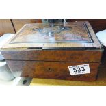 INLAID STORAGE BOX. Burr walnut and mother of pearl inlaid storage box, A/F