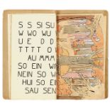 Zimmer, A. Fibel. Handschrift in Tusche und teils Typoskript. Mit 20 (6 ganzseitigen) aquarellierten