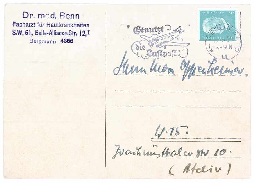 Benn, Gottfried. Eigenhändige Postkarte an den Maler Mopp (Max Oppenheimer). Deutsche Handschrift - Image 2 of 2