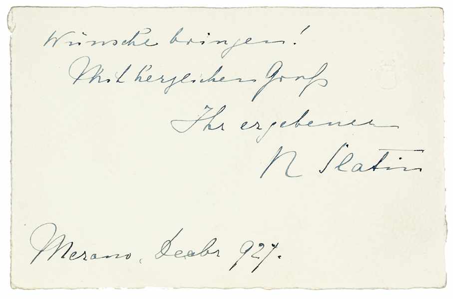 Slatin, Rudolf. Eigenhändige, zweiseitig beschriebene Briefkarte an einen Herrn Kunz. Meran, - Image 2 of 2