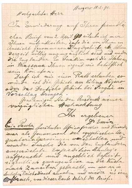 Emin Pascha. Eigenhändiger elfzeiliger Brief an Robert von Schaub. Deutsche Handschrift auf