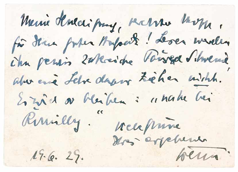 Benn, Gottfried. Eigenhändige Postkarte an den Maler Mopp (Max Oppenheimer). Deutsche Handschrift