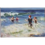 TABLEAU "BAIN DE MER" ECOLE RUSSE Huile sur toile marouflée sur isorel, signée en cyrillique,