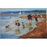 TABLEAU "BAIN DE MER" ECOLE RUSSE Huile sur toile marouflée sur isorel, signée en cyrillique,