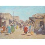 TABLEAU ORIENTALISTE "SCENE DE RUE ANIMMEE " DE HAMMAD JABRAN ( 1917-1993 ) Huile sur toile