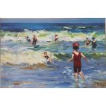 TABLEAU "BAIN DE MER" ECOLE RUSSE Huile sur toile marouflée sur isorel, signée en cyrillique,