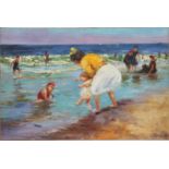 TABLEAU "BAIN DE MER" ECOLE RUSSE Huile sur toile marouflée sur isorel, signée en cyrillique,