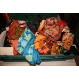 VINTAGE SCARVES - a box filled with a variety of vintage scarves and material.