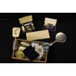 JEWELLERY - a selection of jewellery in a original Bovril box, also to include petit point mirror,
