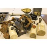 SUNDRY ITEMS - 4 cobblers lasts, 3 victorian stone water bottles & stoppers,