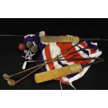 HICKORY GOLF CLUB & CRICKET BAT - 2 hickory woods, 2 cricket bats, a jack flag (a/f),