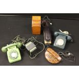 VINTAGE TELEPHONES - 2 1960s green telephones, a 1930s call generator and 2 1980s phones.