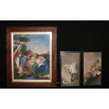 PAINTING - WATERCOLOUR - a Victorian oak framed watercolour micro mosaic picture of Moses being