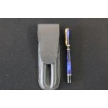 WATERMAN LAUREAT PEN - rollerball pen with blue marbled case and gold plate clip and trim.