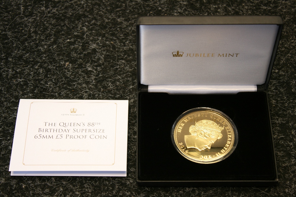 £5 PROOF COIN - The Queen's 88th Birthday Supersize 65mm £5 proof coin boxed with certificate of