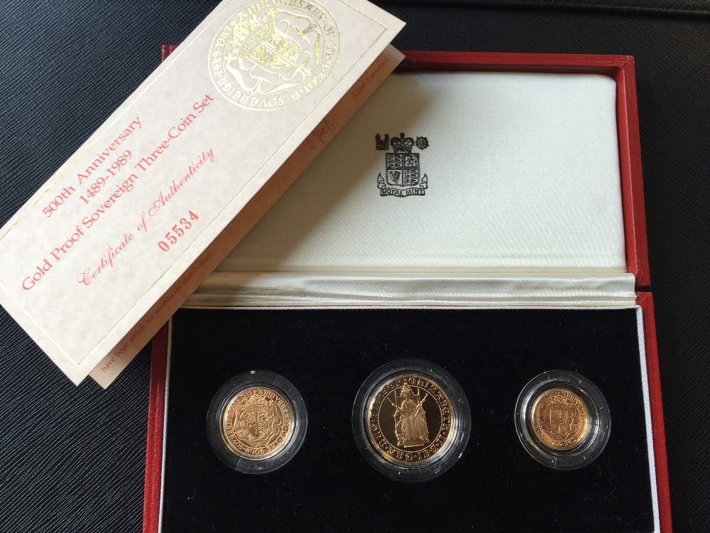 1989 SOVEREIGN SET - Royal Mint 500th Anniversary 1489-1989 gold sovereign proof three coin set to