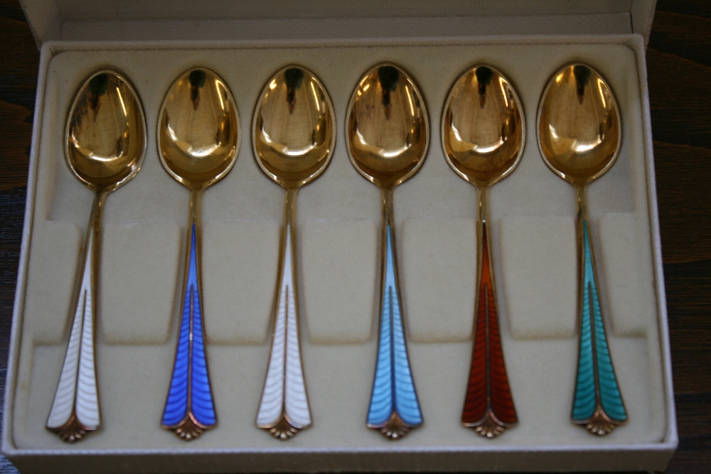 SILVER - a set of David Anderson enamel spoons in original case, - Image 3 of 5