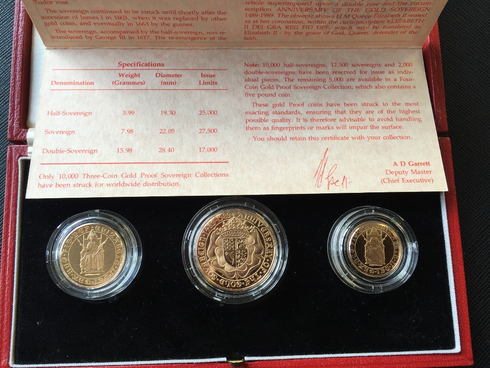 1989 SOVEREIGN SET - Royal Mint 500th Anniversary 1489-1989 gold sovereign proof three coin set to - Image 2 of 3