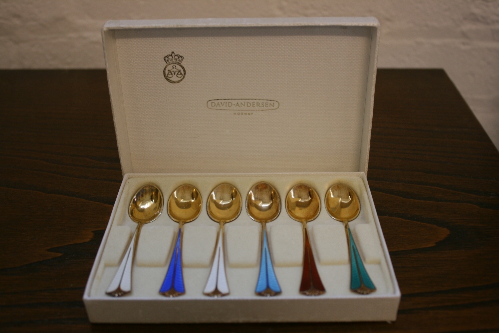 SILVER - a set of David Anderson enamel spoons in original case, - Image 2 of 5