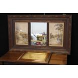 VICTORIAN DECORATION - a Victorian mirror between two country scenes and two photographs of