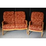 LOVE SEAT SOFA & ARMCHAIR - a red and gold upholstered love seat sofa and matching armchair.
