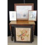 PICTURES - 6 decorative items to include a framed oil painting of a boat on the sea,