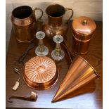 COPPER - a selection of 6 copper items, 2 metal candlesticks,