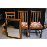 CHAIRS - 3 wooden chairs, 2 matching, along with a wooden framed mirror measuring 73x57cm.