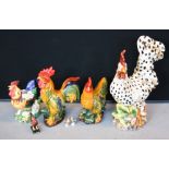 CERAMIC POULTRY - a collection of 6 ceramic hens and cockerels, and a further wooden cockerel.