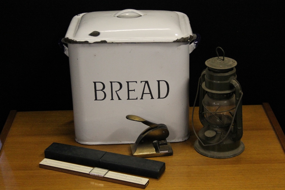 BREADBIN - a vintage breadbin including a Tropic oil lamp, a vintage seal and a P.I.C.