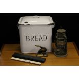 BREADBIN - a vintage breadbin including a Tropic oil lamp, a vintage seal and a P.I.C.