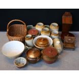 KITCHEN CROCKERY - a collection brown kitchen crockery, a wicker basket, and two wooden boxes.