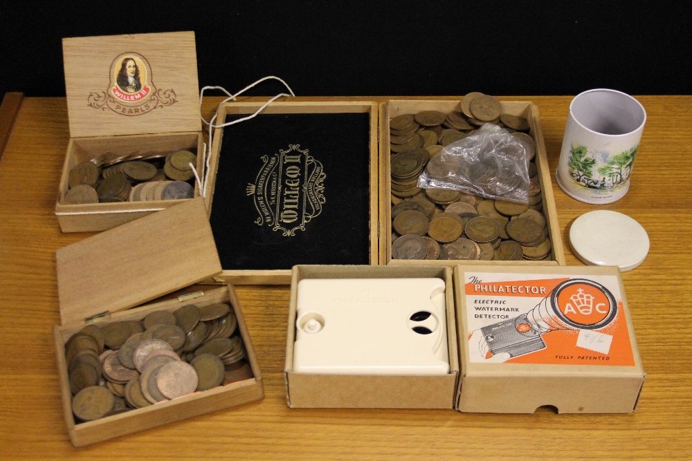 COINS - a selection of pennies and half-pennies stored in three wood boxes,