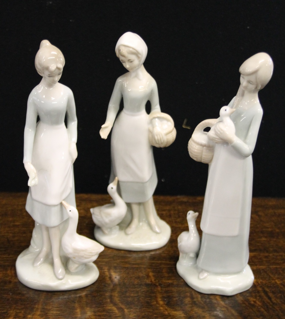 CERAMICS - 3 unmarked ceramic figures of young ladies featured with ducks. - Image 2 of 2