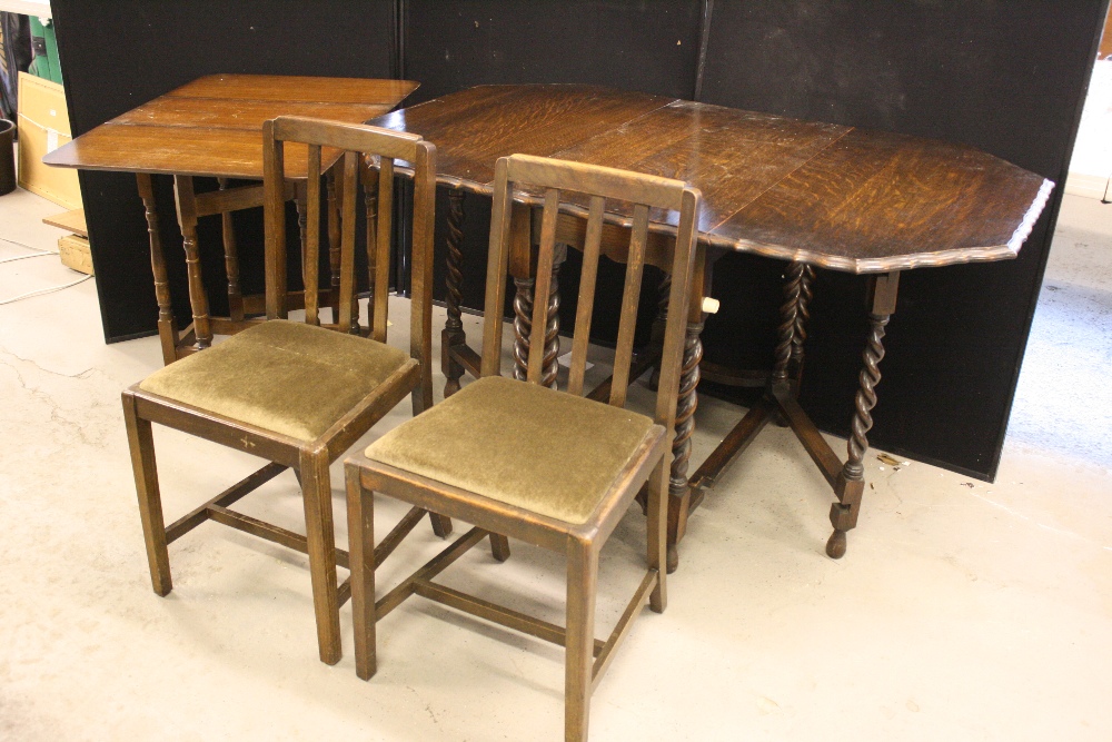 CHAIRS & TABLES - a pair of dark wood chairs and two gate legged tables, one with scalloped edging.