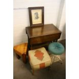 SIDE TABLE & STOOLS - an oak gate legged side table on castors, 3 individual stools - one wooden,