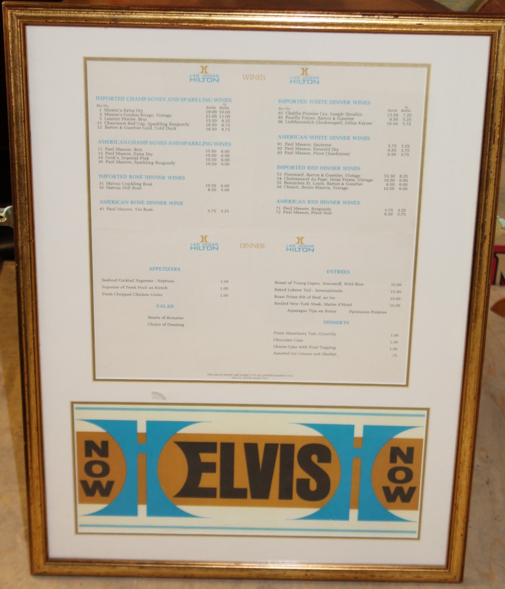 ELVIS MENUS - a framed wine and dinner menu from the Las Vegas Hilton featuring an Elvis 'Now'