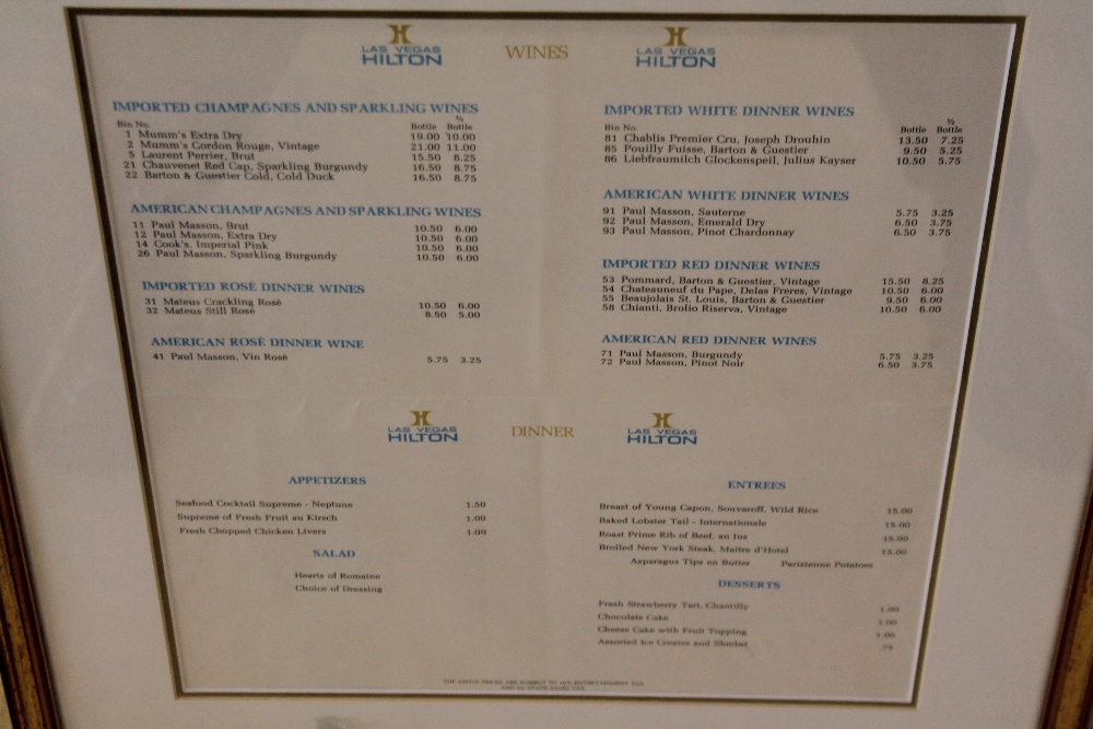 ELVIS MENUS - a framed wine and dinner menu from the Las Vegas Hilton featuring an Elvis 'Now' - Image 2 of 3