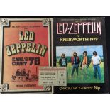LED ZEPPELIN - a programme and ticket from their 1975 Earls Court show along with a 1979 Knebworth