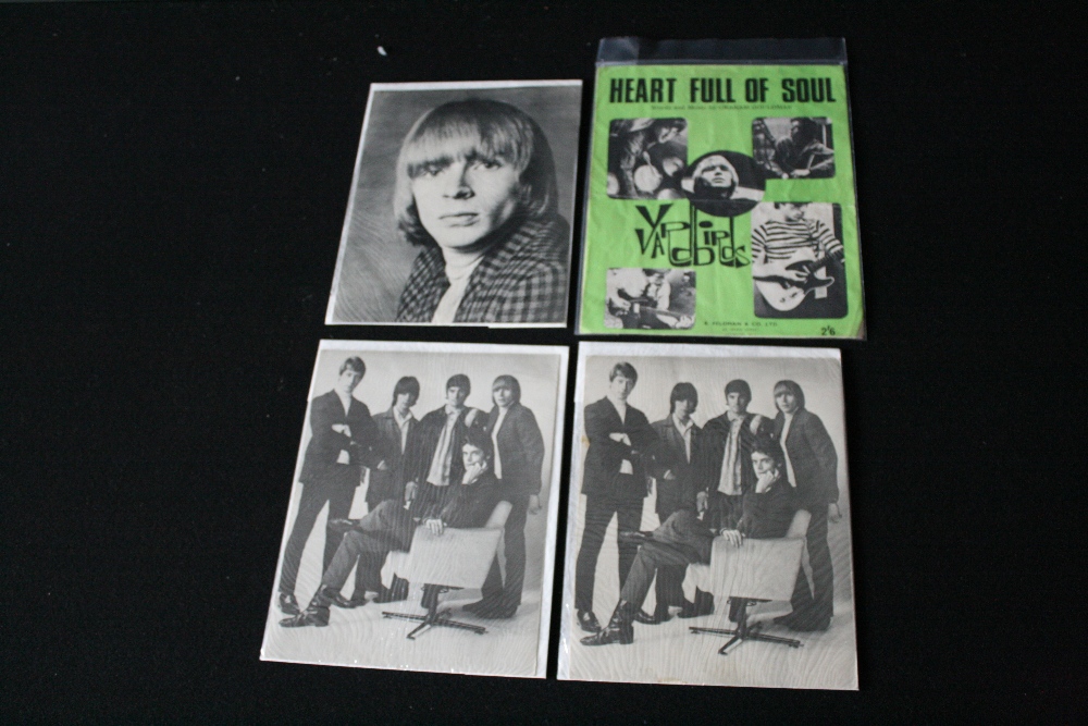 YARDBIRDS - 'Heart Full of Soul' sheet music and 3 promotional black and white photographs of the